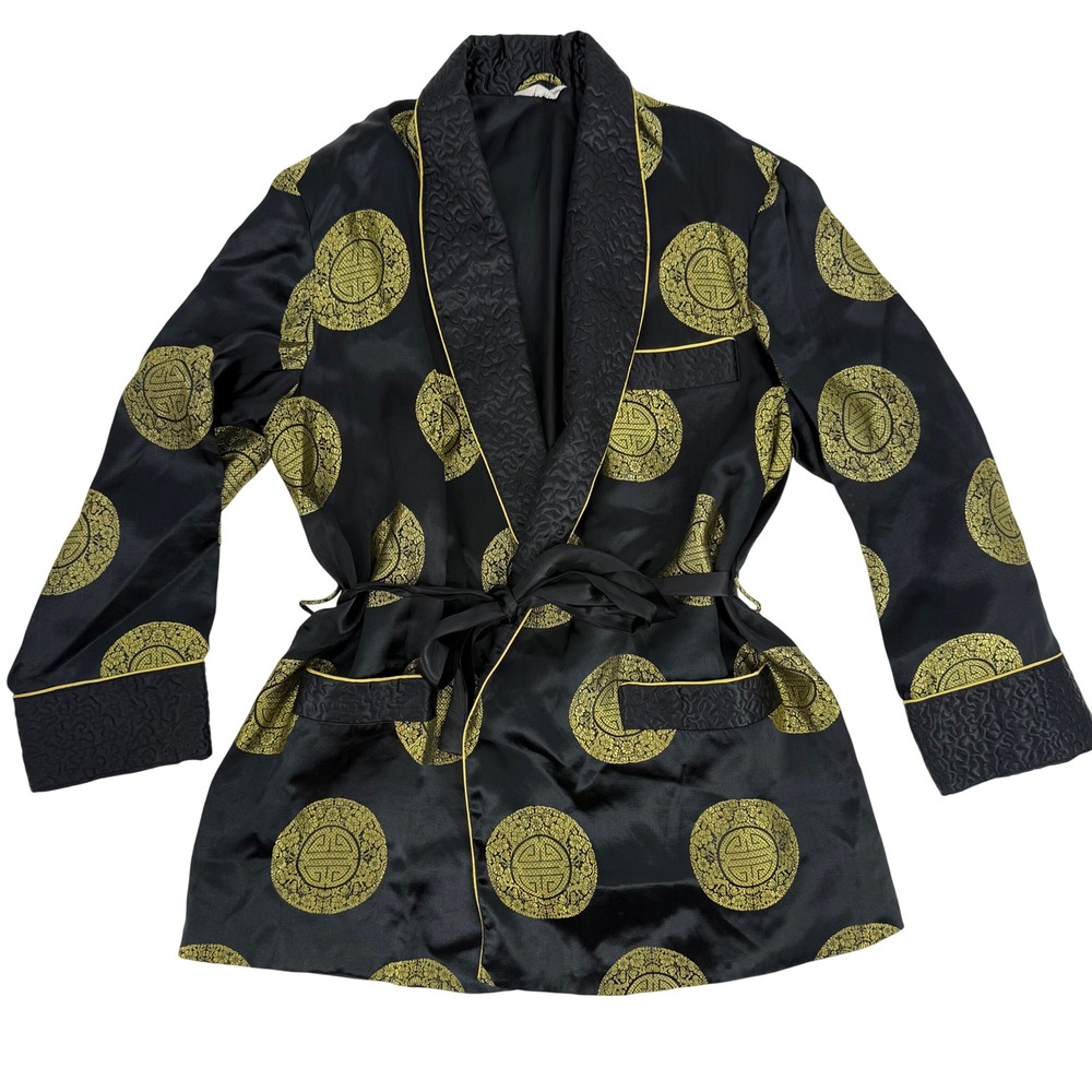 Vintage 70's Chinese Kimono Gold‎ Medallion Smoking Jacket Robe Quilted Trim